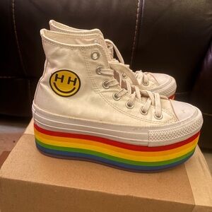 Converse Cream High-Top Platform Sneakers with Rainbow Stripe Sole